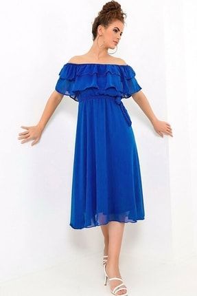 Kadın Carmen Yaka Saks Mavisi Şifon Elbise ytq2098