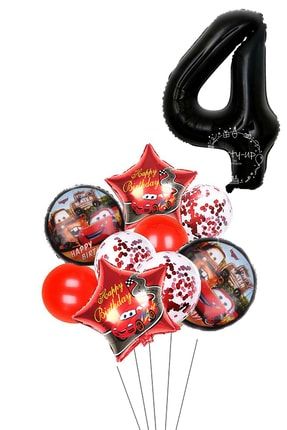 4 Yaş Siyah Rakam Balonlu Şimşek Mcqueen Balon Seti Arabalar (CARS) Konfetili Şeffaf Balon TYSMQ001