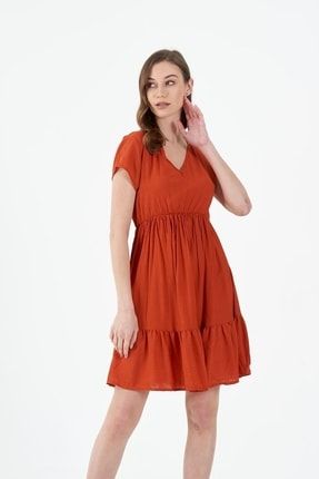 Kadın Kiremit V Yaka Kısa Kol Rahat Kesim Mini Elbise PRA-5735254-098293