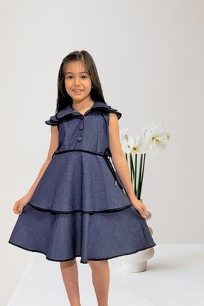 Likralı Denim Simli Kız Çocuk Elbise ELB445566