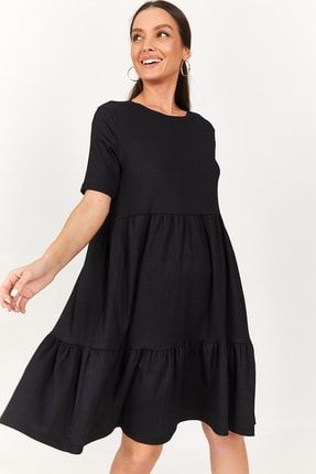 Kadın Siyah Parçalı Kısa Kol Yuvarlak Yaka Elbise ARM-22Y024015