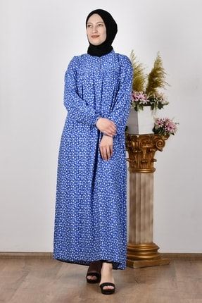 1021 Kadın Mavi Çiçek Desenli Viskon Elbise 22YFRZ000038