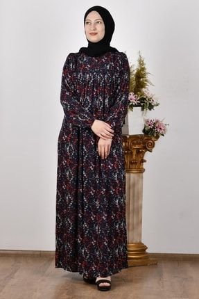 1021 Kadın Lacivert Desenli Viskon Elbise 22YFRZ000050