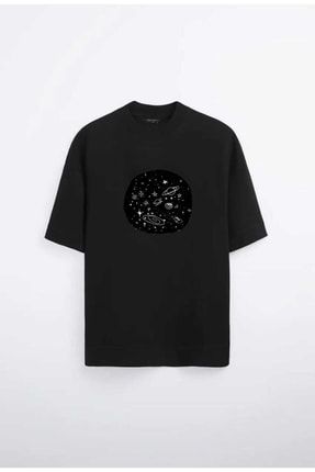 Uzay Galaksi Galaxy Desenli Oversize Siyah - Beyaz T-shirt VHNGLKS