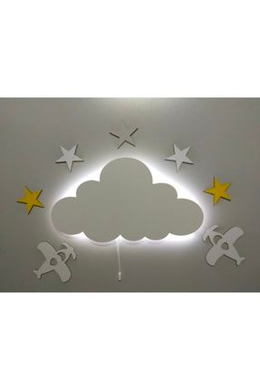 Çocuk Odası Dekoratif Air Force Ahşap Bulut Uçaklı Gece Lambası Ledli Aydınlatma fbrkahsp0503