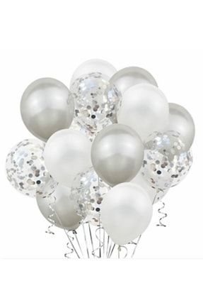 Metalik Gümüş Pastel Beyaz Gümüş Konfetili Şeffaf Balon Seti 15 Adet TPKT000003145