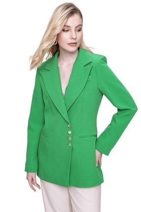 Kadın Yeşil Düğme Detaylı Blazer Ceket 22-1YB0553
