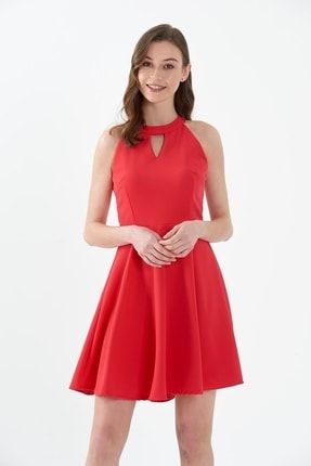 Kırmızı Halter Yaka Ön Yaka Yırtmaçlı Şık Mini Elbise MRT151