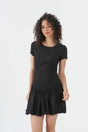 Siyah Kadın Oval Yaka Kısa Kollu Eteği Fırfırlı Mini Elbise MRT618