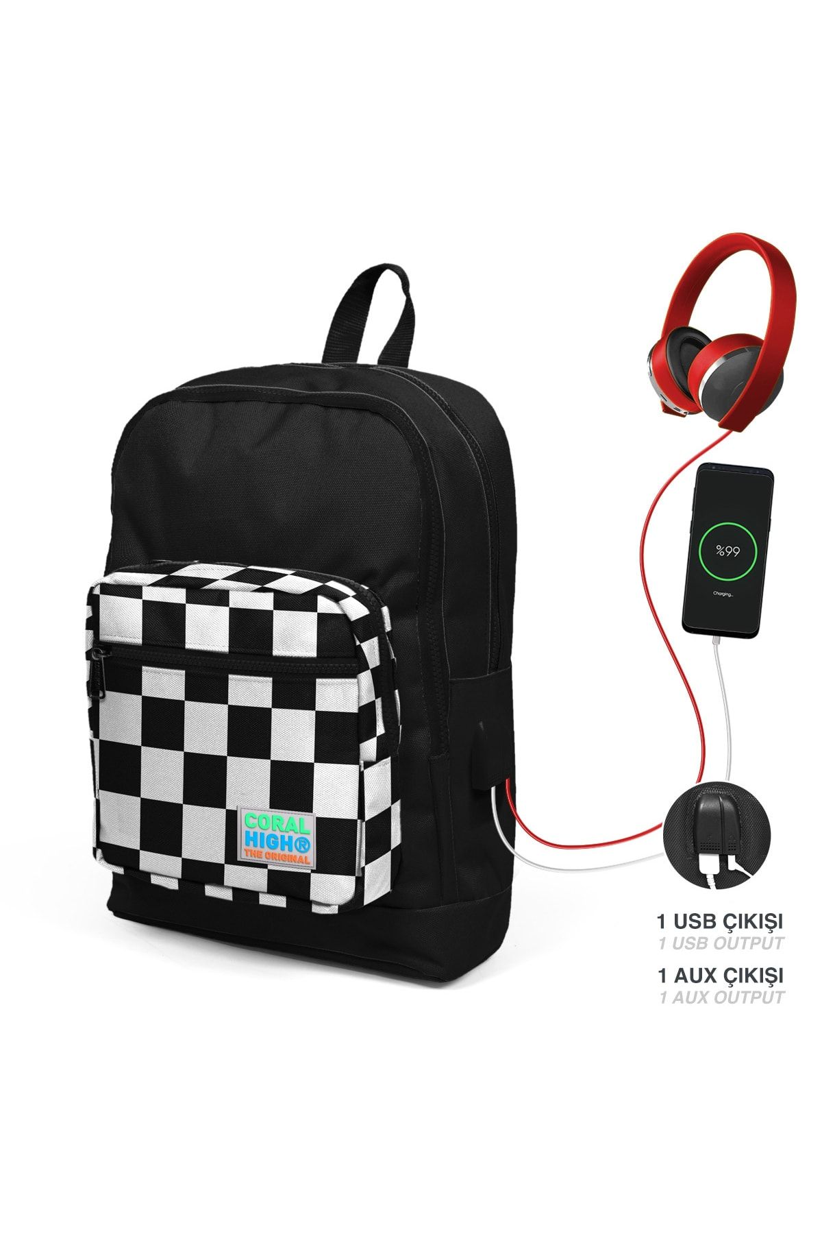 Coral High-Black Checkered Four Compartment Primary School Bag Set - With USB Port 2