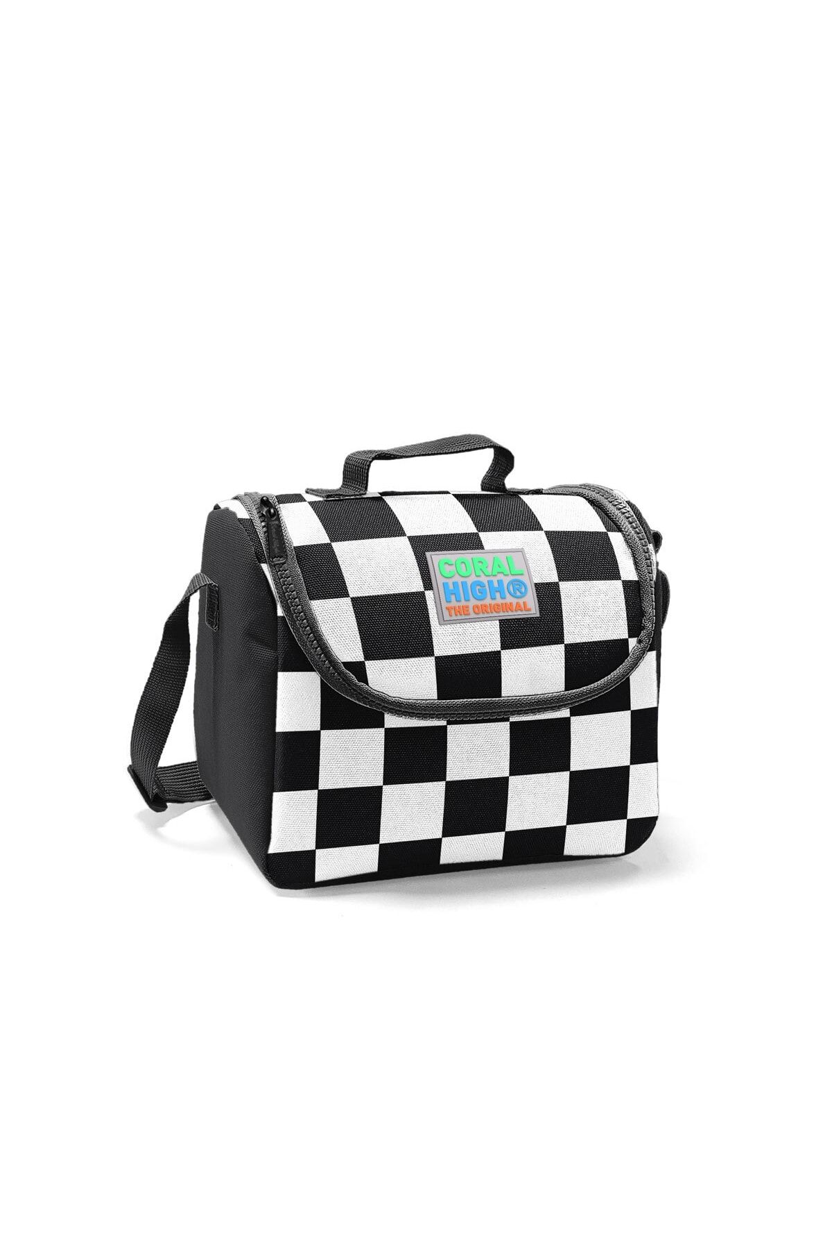 Coral High-Black Checkered Four Compartment Primary School Bag Set - With USB Port 5