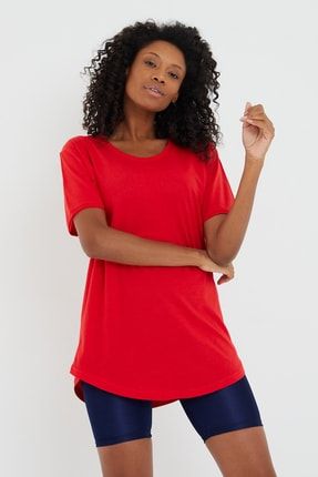 Tarz Cool Women Kırmızı Pis Yaka Salaş T-shirt-xktcps001r24s XXKTCPS001