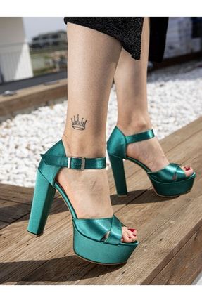 Lola Yeşil Saten Platfrom Topuklu Bilek Bağlama Abiye Ayakkabı FSLOLA1
