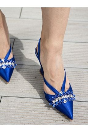 Teramo Kadın Saks Mavisi Taşlı Arka Açık Topuklu Stiletto Ayakkabı FSTERAMO