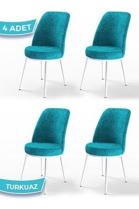 Dexa Serisi, Üst Kalite Mutfak Sandalyesi,4 Adet Turkuaz Sandalye, Metal Beyaz Iskeletli 22DEXA01BYZ