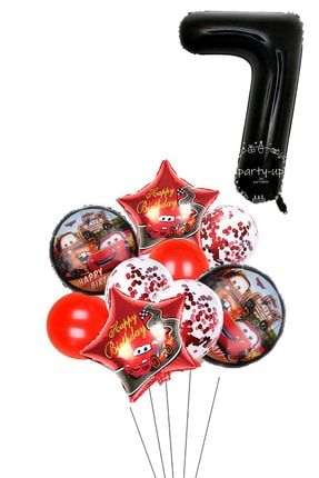7 Yaş Siyah Rakam Balonlu Şimşek Mcqueen Balon Seti Arabalar (CARS) Konfetili Şeffaf Balon TYSMQ001