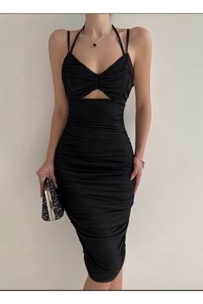Siyah Ip Askılı Drapeli Sırt Detaylı Elbise AFŞ-SMBDR