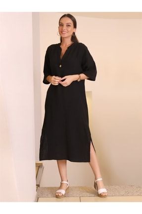 Siyah Renk Yırtmaçlı Truvakar Kol Kadın Elbise 22-4892-2y2 P-0000000010269