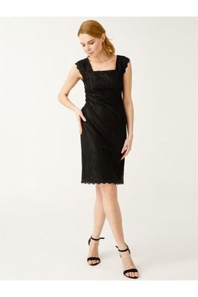 Kare Yakalı Güpürlü Siyah Kadın Elbise 4124-2y2 P-0000000011070