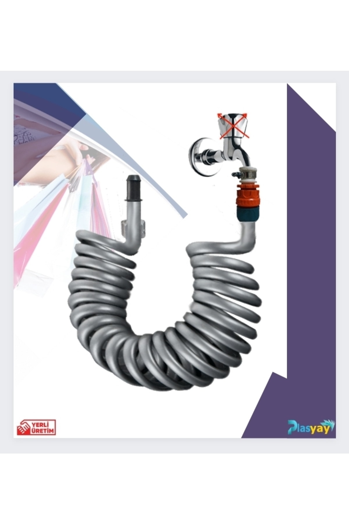 PLASYAY Spiral Wc Banyo Balkon Yıkama Hortum Seti Duvar Sabitlemeli 2 Metre Gri