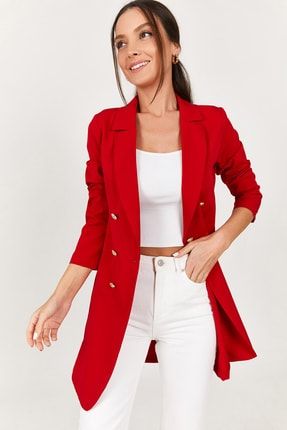 Kadın Kırmızı Düğmeli Uzun Ceket ARM-22Y001072