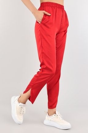 Kadın Kırmızı Beli Lastikli Saten Pantolon YY-PCK-109584