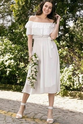 Kadın Carmen Yaka Beyaz Şifon Elbise ytq2098