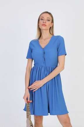 Kadın Mavi Önü Düğmeli V Yaka Elbise LOA0032