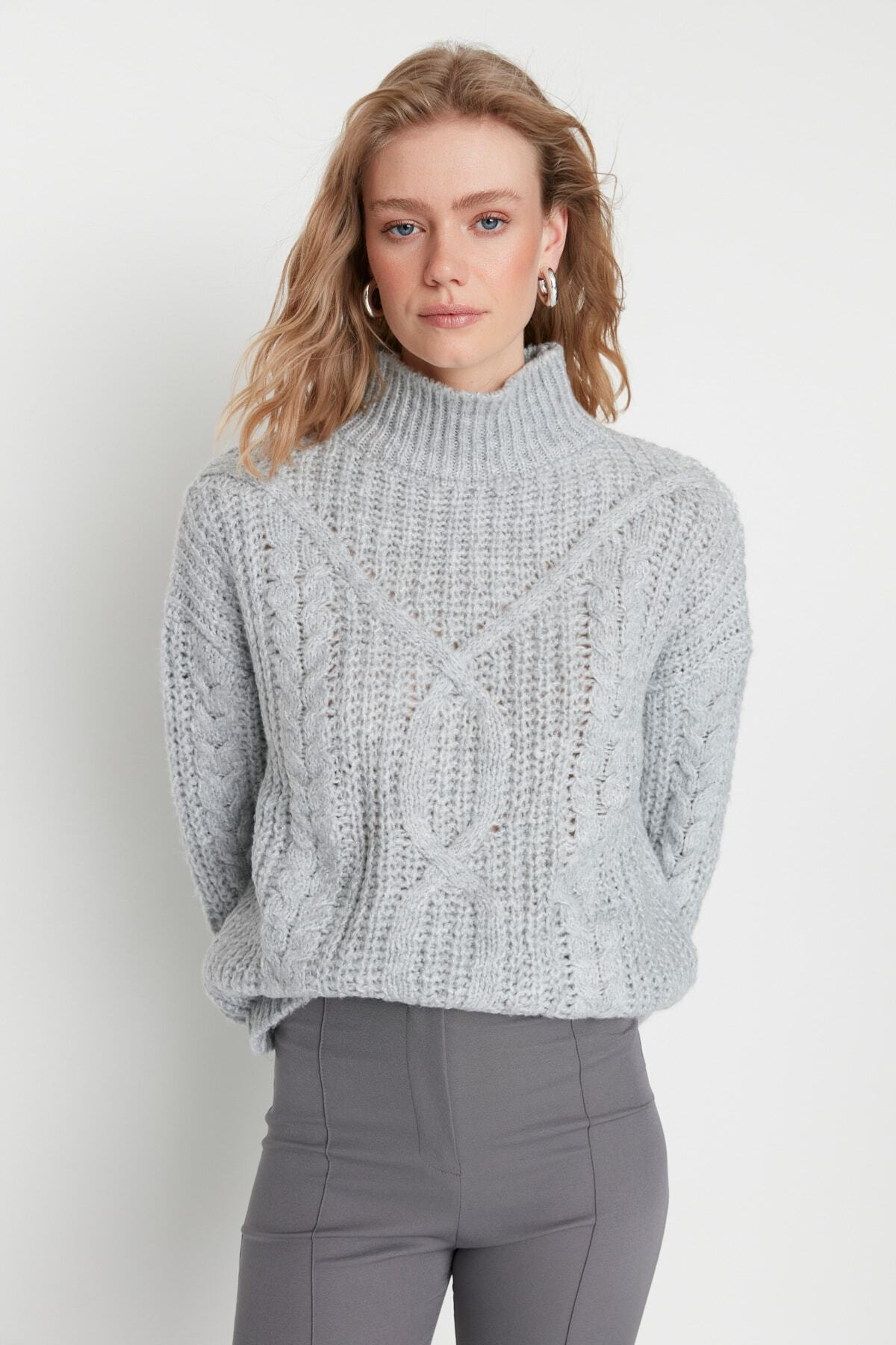 Trendyol Collection-Широк сив плетен пуловер - мека текстура Twoaw20Kz0171 1