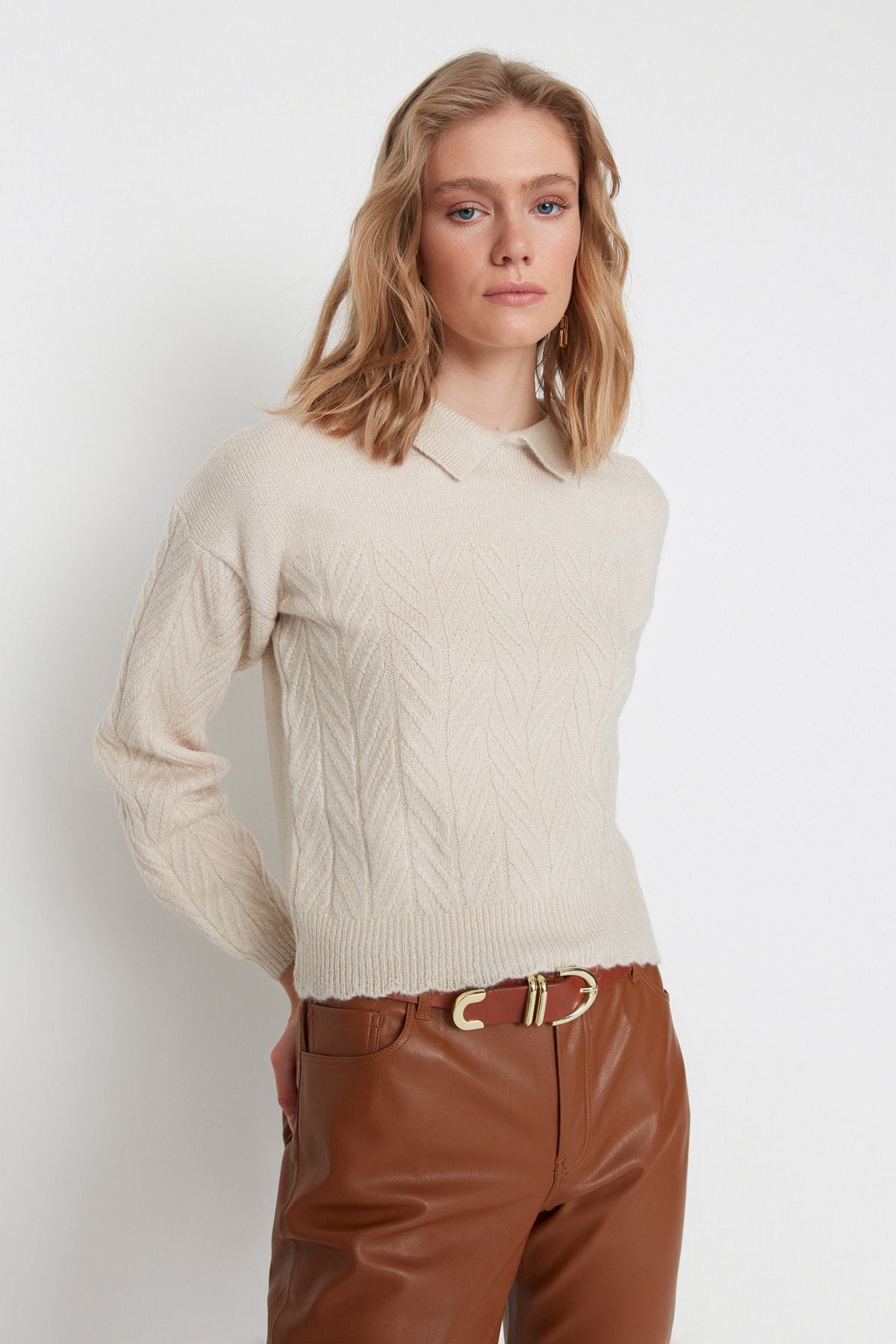 Trendyol Collection Stone Wide Fit Soft Texture Hair Braided Knitwear Sweater TWOAW22KZ1620