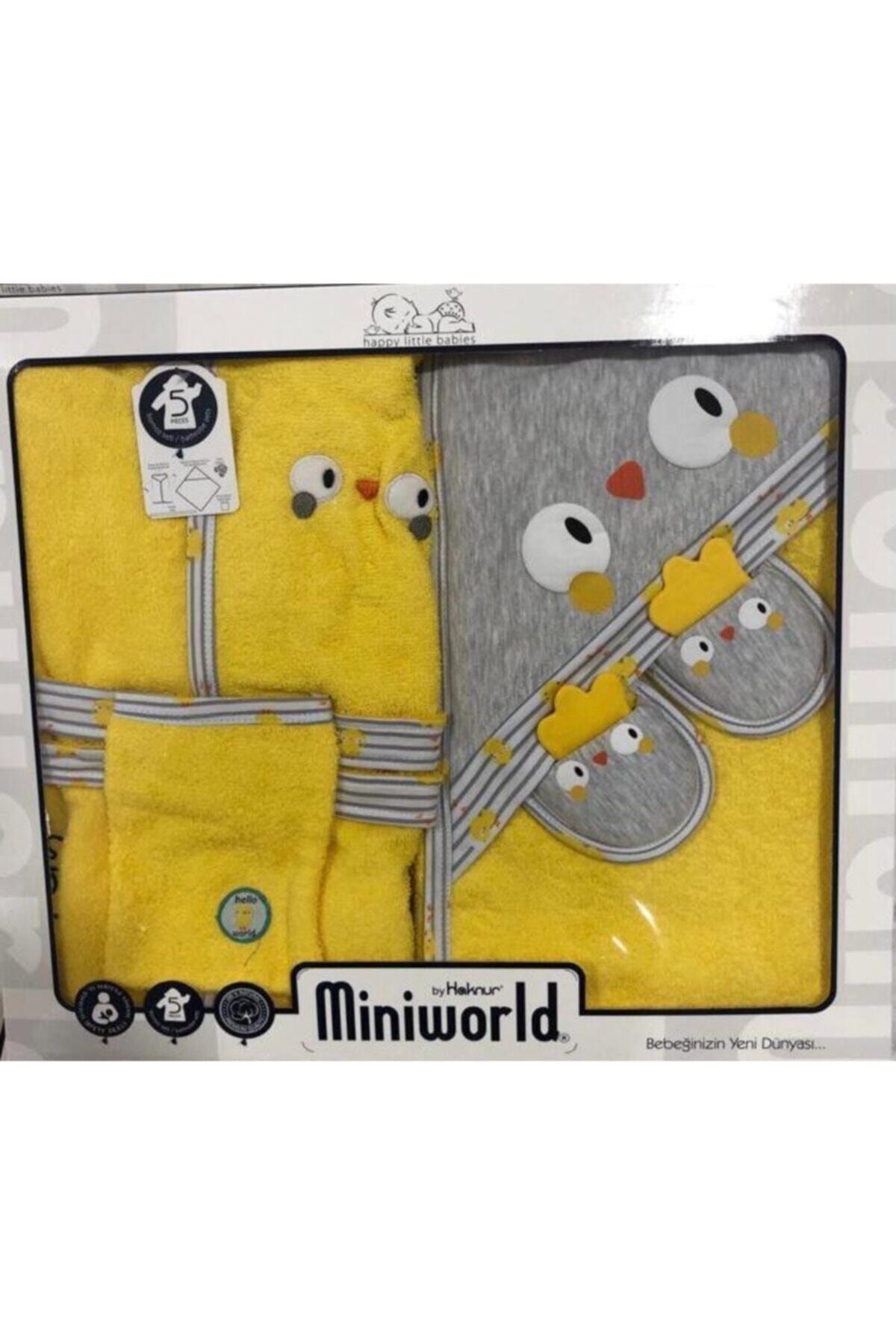 Miniworld Erkek Kız Bebek Sarı Kutulu 4 Parça Bornoz Seti NE9100