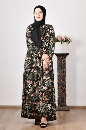 1021 Kadın Siyah Yaprak Desenli Viskon Elbise 22YFRZ000023