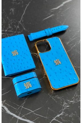 - Mavi Devekuşu Derisi Model Altın Kenar Detaylı Iphone 13 Pro Max Deri Kılıf 6690225561956113
