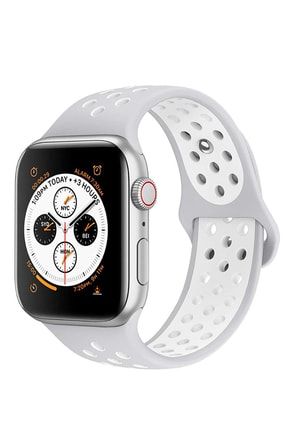 Watch Silikon Delikli Kordon Uyumlu Kayış Seri 7 - 6 - Se - 5 - 4 - 3 - 2 - 1 42mm/44mm Gri Apple Watch Delikli Kordon-849