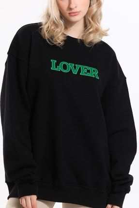 %100 Pamuk Lover Siyah Oversize Unisex Sweatshirt LOVER6000