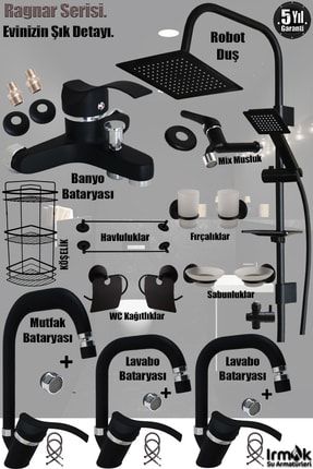 Mutfak, Lavabo, Banyo Bataryası Siyah Renk Eviye Musluk Armatür Robot Duş Banyo Seti Lavabo Ragnar BB-5R1396