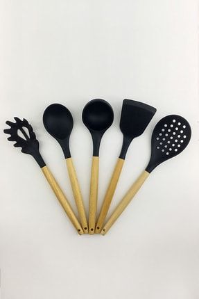 Bambu Saplı Siyah Çizmez Silikon Kevgir Kepçe Kaşık Makarna Salata Kaşığı Spatula 5'li Servis Set OZS01