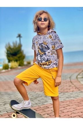 Erkek Çocuk Hayvan Desenli Kapüşonlu Tişört Sarı Kapri 2 Li Takım WLVSTRM00014