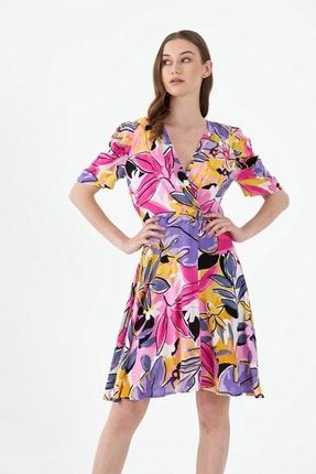 Pembe Kruvaze Yaka Karpuz Kollu Kadın Mini Elbise MRT611