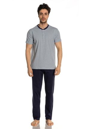 3'lü Erkek Pijama Takımı Açık Mavi, Kısa Kol, Şort, Uzun Alt, Açık Mavi Yaka HM300-4