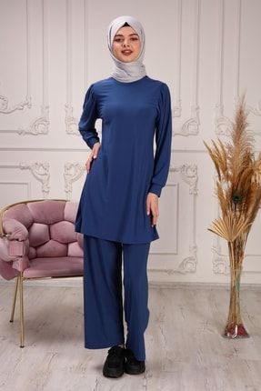 Kadın Kolu Büzgülü Sandy Tesettür Tunik Pantolon Ikili Takım 5406
