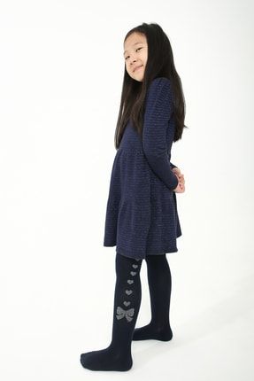Kız Çocuk Lacivert Renk Sıralı Kalpli Fiyonk Desen Pamuklu Külotlu Çorap M0C0301-2423