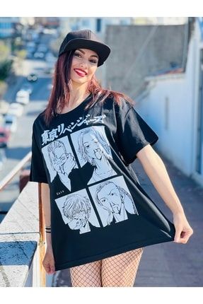 Siyah Renk Tokyo Revengers Büyük Baskılı Unisex Geniş Kesim Anime T-shirt tişört-tokyo-four