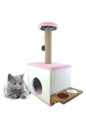 Kare Kedi Evi Ikili Çelik Mama Kabı Ve Tırmalama Platformu - Pembe CMKKREV