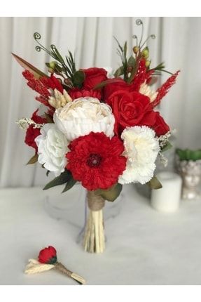 Yeni Sezon Kırmızı Gül Aşkı Gelin Çiçeği Gelin Buketi Ve Damat Yaka Çiçeği Özel Tasarım PaPartiBkt00028