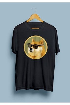 Unisex Siyah Doge Coin Gözlüklü Tasarım Baskılı Tişört TYC00364785420
