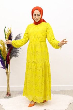 Güpürlü Elbise Boydan Astarlı Pamuk Kumaş Sarı P1080S1674