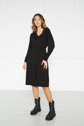 Siyah Viskon V Yaka Midi Boy Yırtmaçlı Elbise BS-EK0204