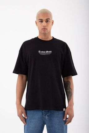 Oversize Travıs Scott Baskılı Pamuklu T-shirt Siyah M1623