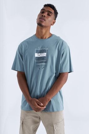 Mint Yeşili Baskı Detaylı O Yaka Erkek Oversize T-shirt - 88094 T12ER-88094